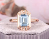 Anniversary Ring Gift Promise Ring 6x8mm Emerald Cut Natural Aquamarine Wedding Ring 1.5ct Aquamarine Engagement Ring Gold Wedding Ring