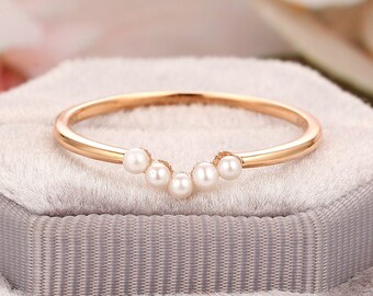 Natural Pearl Wedding Band/ Cured Band Ring/ 14k Rose Gold Wedding Ring/ Round Shape Pearl Ring/ Unique Ring/Anniversary Ring Gift For Women