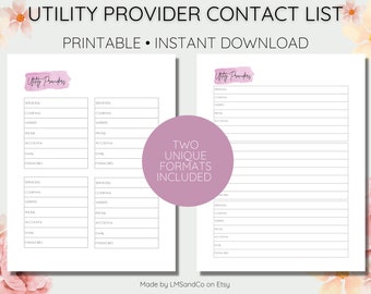May include: A printable utility provider contact list with two unique formats. The design features a white background with a watercolor floral border. The text includes "Utility Provider Contact List", "Printable", and "Instant Download".