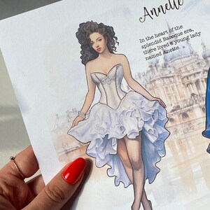 Bambola di carta stampabile Anette dell'epoca barocca, file PDF, gioco di carta per ragazze