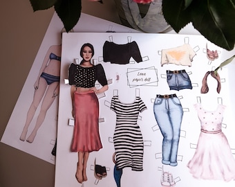Muñeca de papel imprimible Luna – Muñeca de moda con conjuntos de ropa / Descarga digital en PDF A4 / Actividad para niñas / 1 página A4 / 9 conjuntos de ropa incluidos