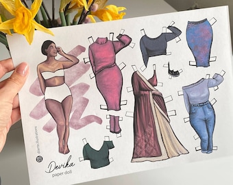 Paper Doll DEVIKA, printable colouring game for girls, digital download