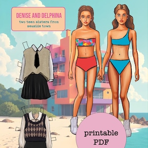 Denise y Delphina – Muñecas de papel para adolescentes con atuendos imprimibles / Descarga digital / Juego de vestir recortable DIY