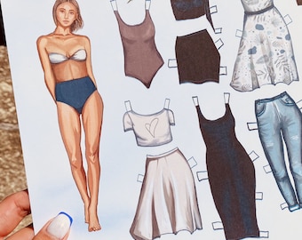 Muñeca de papel imprimible de Mikaela – Muñeca de moda con conjuntos de ropa / 1 archivo PDF A4 para descargar digitalmente / Páginas para colorear / 14 conjuntos de ropa incluidos