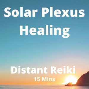 May include: A sunset over the ocean with a rocky island in the foreground. The text "Solar Plexus Healing Distant Reiki 15 Mins" is superimposed on the image.