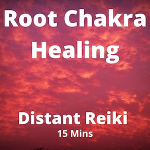 May include: A pink and orange sunset sky with the text "Root Chakra Healing Distant Reiki 15 Mins" in white.