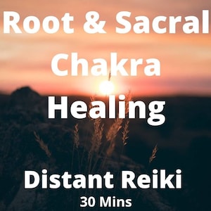 Może przedstawiać: Zachód słońca nad skalistym krajobrazem z tekstem "Root & Sacral Chakra Healing Distant Reiki 30 Mins" w kolorze białym.