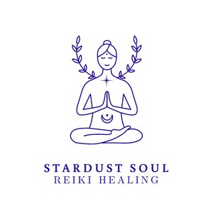 May include: Line art illustration of a person in a yoga pose with a star and crescent moon symbol on their chest. The person is surrounded by a wreath of leaves. The text "Stardust Soul Reiki Healing" is below the image.