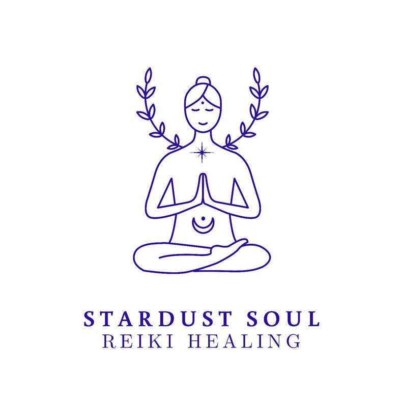 May include: Line art illustration of a person in a yoga pose with a star and crescent moon symbol on their chest. The person is surrounded by a wreath of leaves. The text "Stardust Soul Reiki Healing" is below the image.