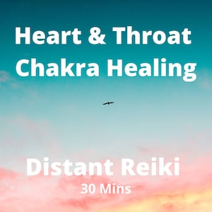 May include: A pink and blue sky with a bird flying overhead. The text "Heart & Throat Chakra Healing Distant Reiki 30 Mins" is written in white on the sky.
