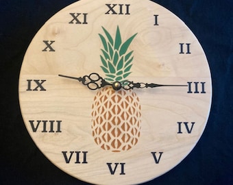 Pineapple Clock - 9.75 inch round clock - Pineapple - home decor - wall decor - handmade - resin - made in Canada - Makes a great gift