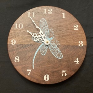 Dragon Fly Clock - 8 inch round clock - Black Walnut - home decor- kids room clock - handmade - resin - made in Canada - Makes a great gift
