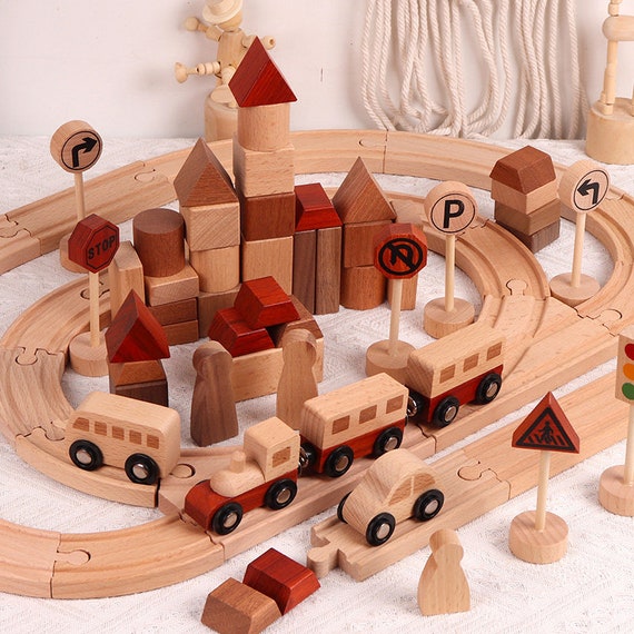 Wooden Train Track 67 Piece Set Kids Wooden Railway System Etsy