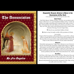 May include: A vintage religious print depicting the Annunciation, a scene from the Bible, with the angel Gabriel announcing to the Virgin Mary that she will bear the Son of God. The print is titled "The Annunciation" and attributed to Fra Angelico. The print is framed in a gold frame and has a red background.