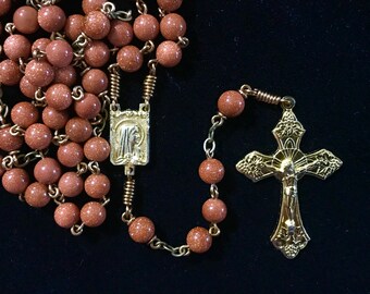 Durable Rosary Prayer Beads Our Lady of Fatima Gemstone Vintage Antique Style Goldstone Red brown Rustic Bronze Gold Catholic Gift