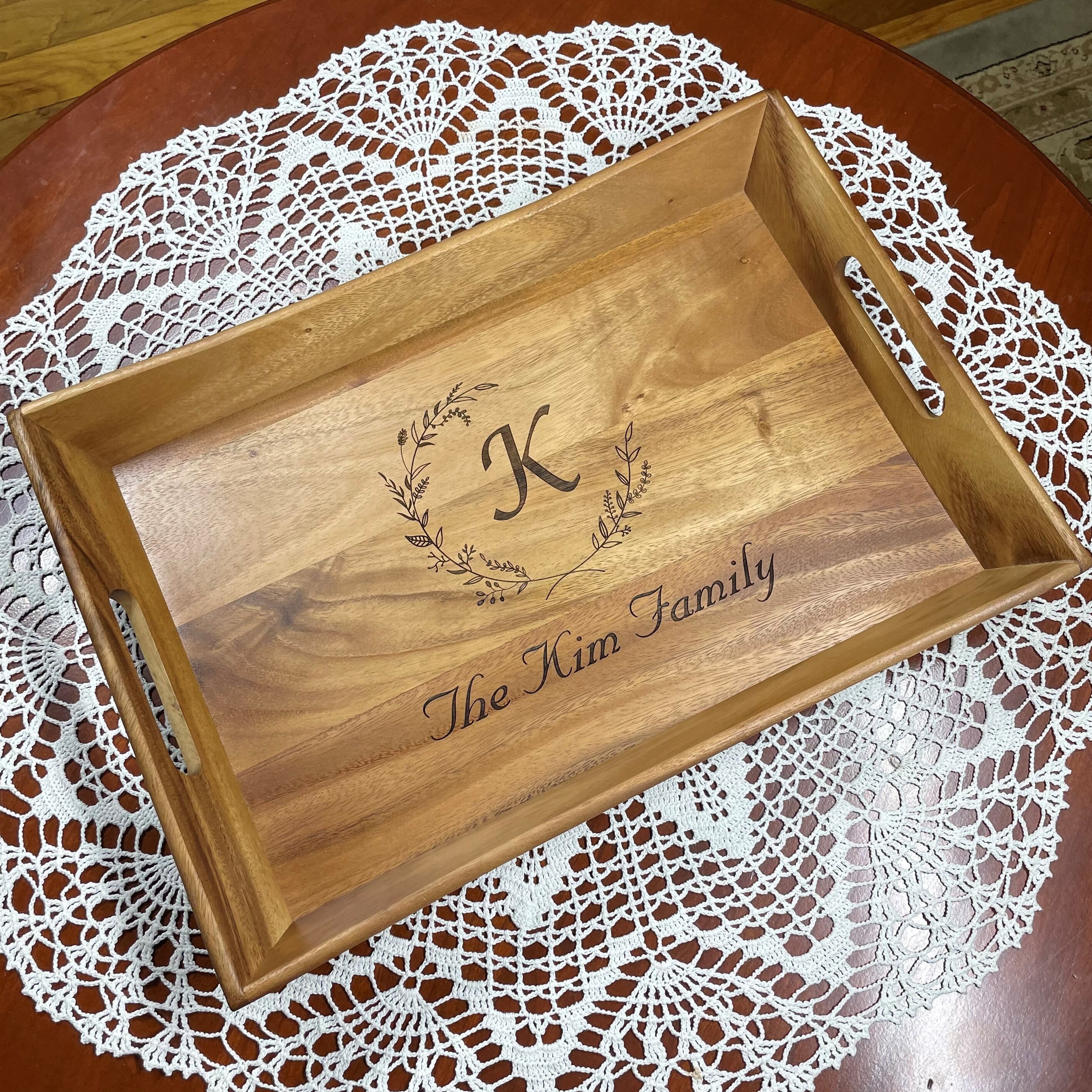 Personalized Acacia Serving Tray with handles - Mothers Day Gift - Wedding Gift - Couples gift -Home Decor - Entertaining - Table setting