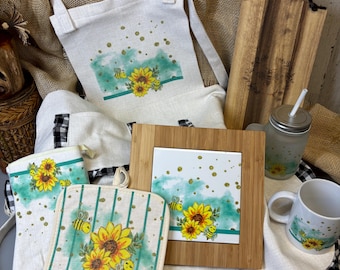 Bee Apron Bundle: Linen Apron, Wood Cutting Board, Kitchen Set
