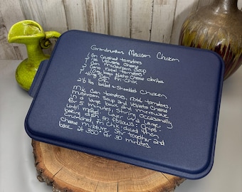 Handwritten Recipe Personalized Cake Pan: Engraved Aluminum Baking Dish with Lid