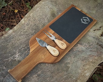 Personalized Engraved Solid Wood Acacia Cutting Board, Cheese Board with Fork and Spreading Knife, Charcuterie Board, Lasered Engraved Slate