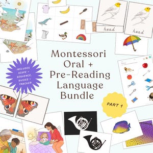 Puede incluir: Un conjunto de materiales educativos Montessori para el desarrollo del lenguaje oral y la prelectura. El paquete incluye tarjetas ilustradas, actividades de emparejamiento y un rastreador. Las imágenes presentan varios objetos, animales y escenas, con el texto "Montessori Oral + Pre-Reading Language Bundle".