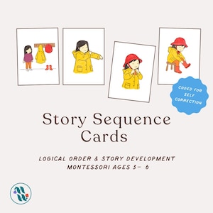 May include: Montessori Story Sequence Cards for ages 3-6. The cards feature illustrations of a child putting on a yellow raincoat and red hat. The text on the cards reads "Story Sequence Cards" and "Logical Order & Story Development".