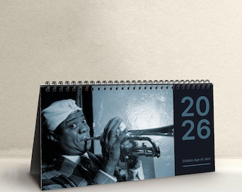 Louis Armstrong jazzkalender – omslag bureau, William Gottlieb-fotografie, klassiek, cadeaus voor muzikanten, jazzliefhebbers
