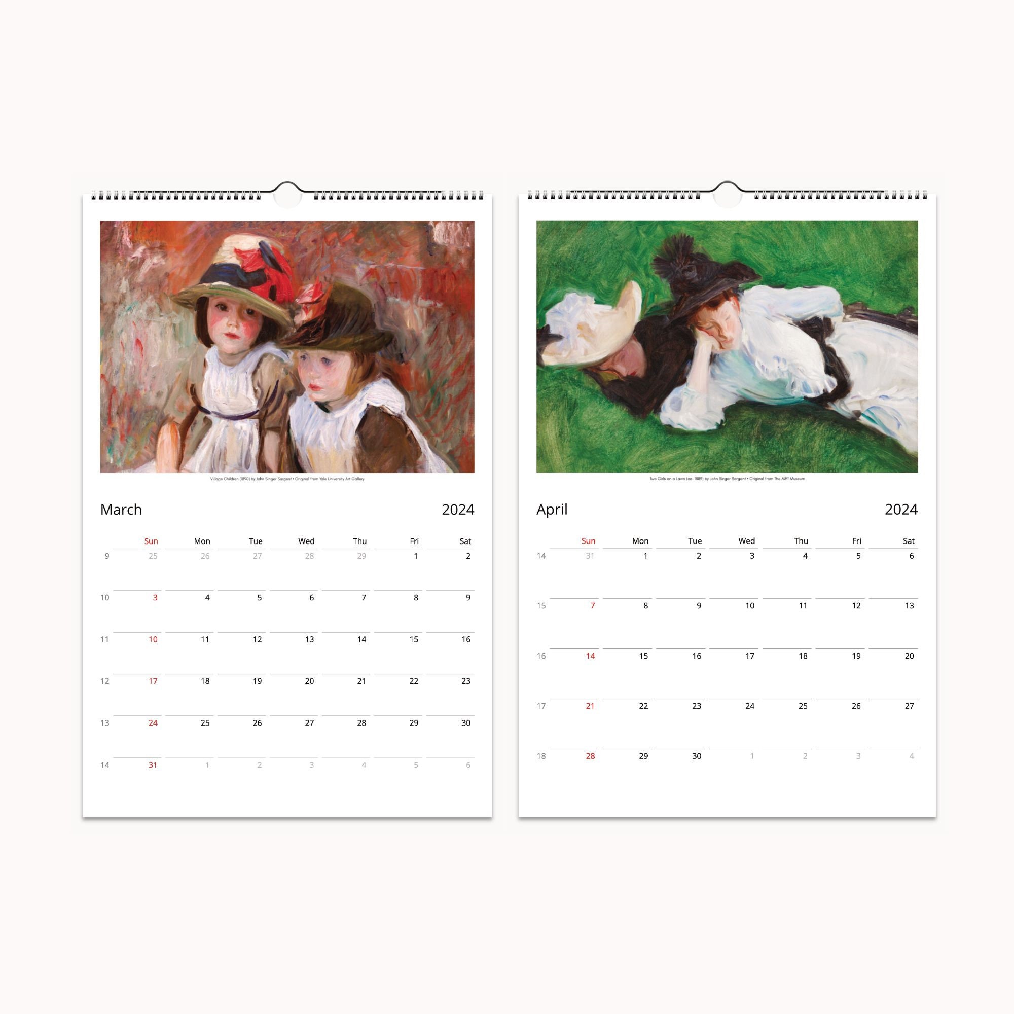 John Singer Sargent Wall Calendar 2024 Featuring Classical Art