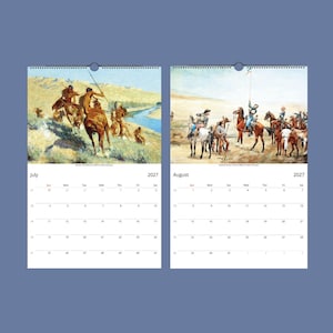 Two open calendar pages show July and August 2027; July depicts Native Americans on horseback overlooking a river, and August shows cowboys and soldiers on horseback.
