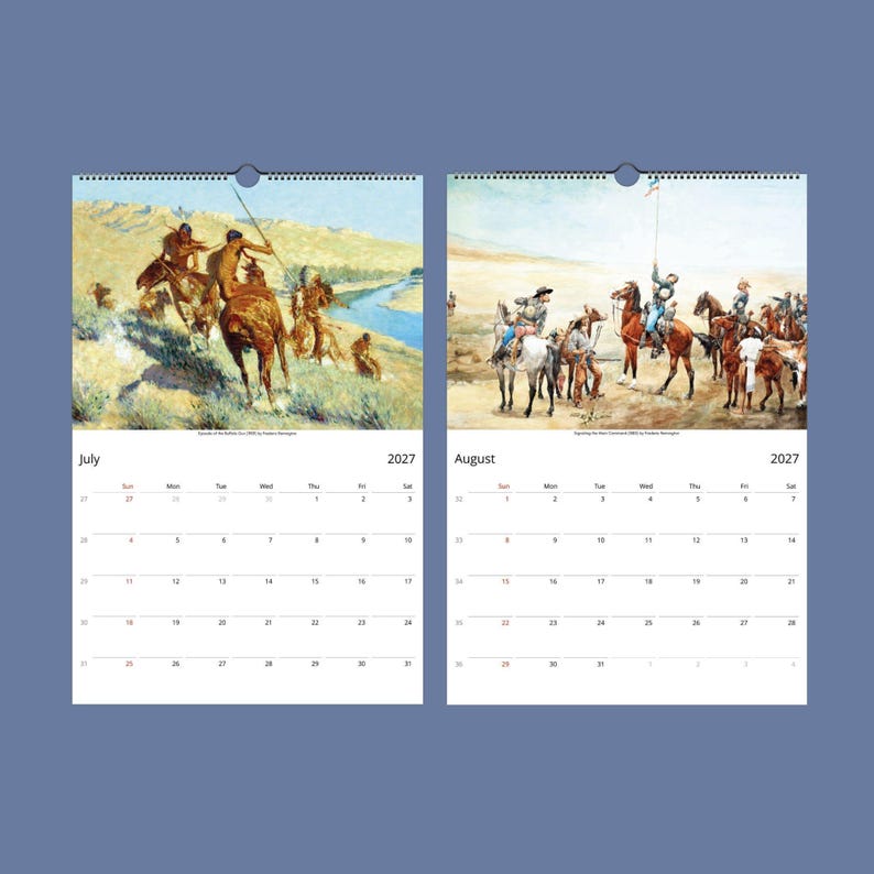 Two open calendar pages show July and August 2027; July depicts Native Americans on horseback overlooking a river, and August shows cowboys and soldiers on horseback.