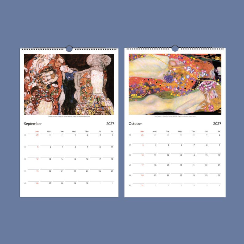 Two open calendar pages for September and October 2027, displaying Klimt's "Medicine" and "Water Serpents II" paintings above the dates.