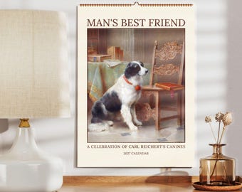 Antique Dog Art Calendar - Austrian Artist, Carl Reichert, Animal Lover Gift, Semi-Glossy Paper