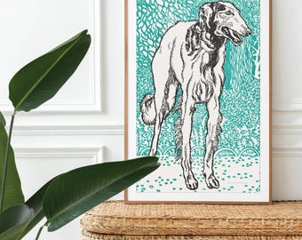 James Rizzi Hound dog 169/350 1990年作 Greyhound Woodcut Print by Moriz Jung - Austrian Art, Dog Lover