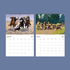 Two open calendar pages show September and October 2027; September features cowboys on horseback in a skirmish, and October shows men in a chaotic scene, possibly a fight.
