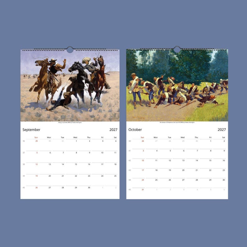Two open calendar pages show September and October 2027; September features cowboys on horseback in a skirmish, and October shows men in a chaotic scene, possibly a fight.