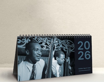 Oscar Pettiford jazzkalender – omslag bureau, William Gottlieb Photography, klassiek, cadeaus voor muzikanten, jazzliefhebbers