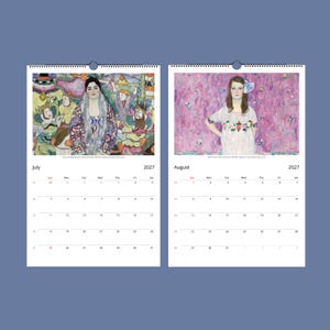 Two open calendar pages for July and August 2027, displaying Klimt's "Lady with Fan" and "Mäda Primavesi" paintings above the dates.