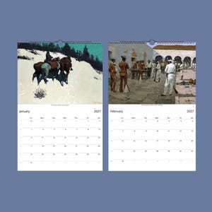 Two open calendar pages show January and February 2027; January features a snow scene with two cowboys on horseback, and February shows men in period clothing gathered around a table.