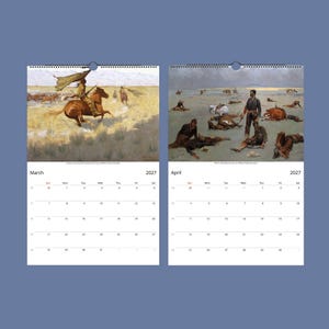 Two open calendar pages show March and April 2027; March depicts a cowboy on horseback chasing cattle, and April shows cowboys resting among dead cattle.