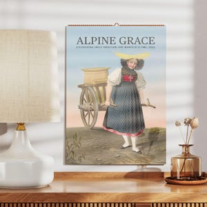 Väggkalender med schweizisk traditionell konst – traditionella dräkter, alpint samlarobjekt, halvblankt papper