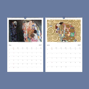 Two open calendar pages for May and June 2027, displaying Klimt's "Death and Life" and "The Three Ages of Woman" paintings above the dates.