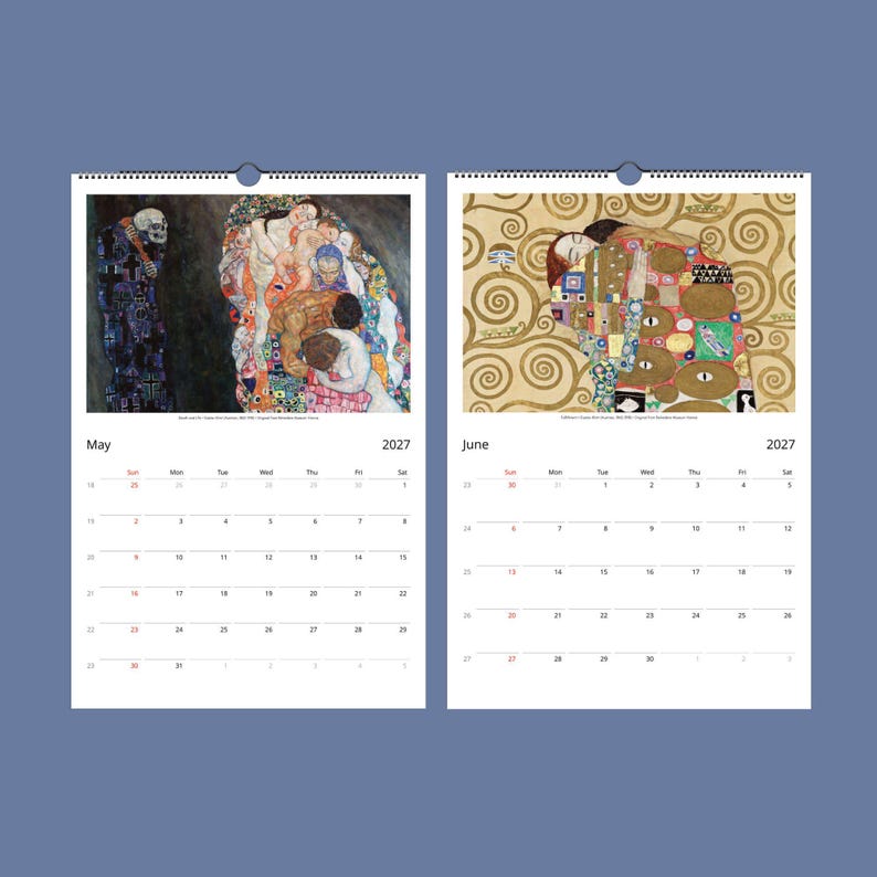 Two open calendar pages for May and June 2027, displaying Klimt's "Death and Life" and "The Three Ages of Woman" paintings above the dates.