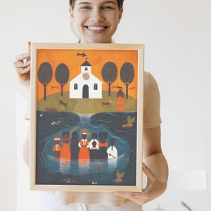 Andare in chiesa: stampa artistica Bayou Sundays di Clementine Hunter, decorazioni per la casa ispirate alla Louisiana, opere d'arte del sud per gli amanti della chiesa