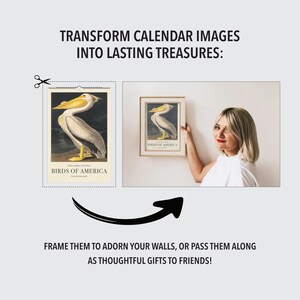 Peut inclure: Image pr&eacute;sentant une impression encadr&eacute;e "Birds of America" et une page de calendrier avec la m&ecirc;me illustration. Le texte dit : "Transformez les images de calendrier en tr&eacute;sors durables." Le texte dit aussi : "Encadrez-les pour orner vos murs, ou offrez-les en cadeau &agrave; vos amis !"
