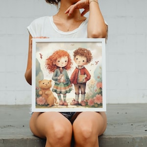 Arte caprichoso de la pared de la guardería: El viaje alegre, arte de la pared de la habitación de los niños, decoración de la habitación del bebé, cartel ilustrado, regalo para ella