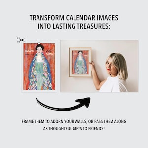 A woman holds a framed print of the Klimt calendar, with text describing framing calendar images into lasting treasures.