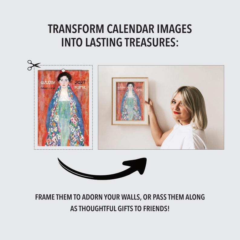 A woman holds a framed print of the Klimt calendar, with text describing framing calendar images into lasting treasures.