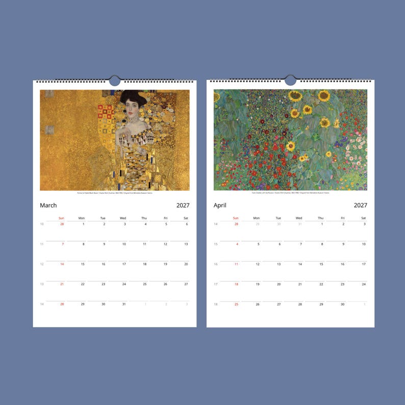 Two open calendar pages for March and April 2027, displaying Klimt's "Adele Bloch-Bauer I" and "Farm Garden with Sunflowers" paintings above the dates.