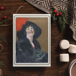 Tarjeta de felicitación navideña con forma de disco, ilustración navideña vintage, escena nevada, deseos navideños, tarjeta en blanco para Navidad o notas de agradecimiento