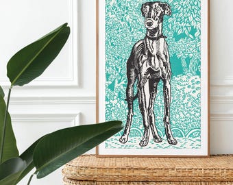 Holzschnitt „Windhund“ von Moriz Jung – Österreichische Kunst, Geschenk für Hundeliebhaber, Poster auf mattem Papier
