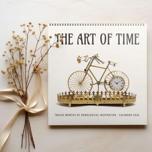 Puede incluir: Un calendario titulado "THE ART OF TIME" con un diseño de reloj de bicicleta dorado. El calendario incluye el texto "TWELVE MONTHS OF HOROLOGICAL INSPIRATION - CALENDAR 2026". Un ramo de flores secas con una cinta crema está a la izquierda.